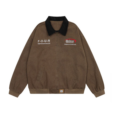 Chaqueta de Lona Retro con Cuello Solapa y Bordado de Alfabeto Americano - Image 10
