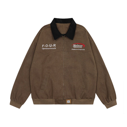 Chaqueta de Lona Retro con Cuello Solapa y Bordado de Alfabeto Americano - Image 10
