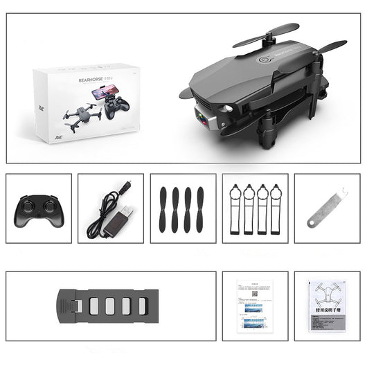 Gray folding drone with 4K camera, remote control, spare propellers, propeller guards, charging cable, and battery. - Image 9