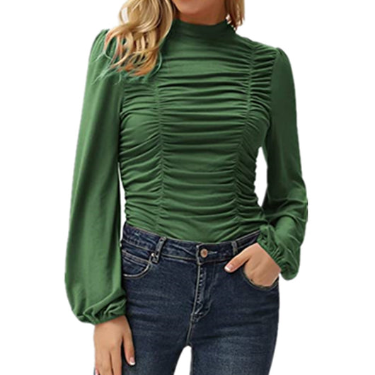 Blusa Manga Linterna Cuello Alto Colores Sólidos para Mujer - Image 23