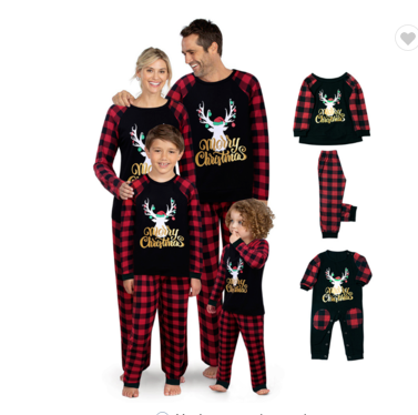 Men's Christmas pajama set with a black long-sleeve top featuring a reindeer and "Merry Christmas" text, paired with red plaid pants. - Image 2