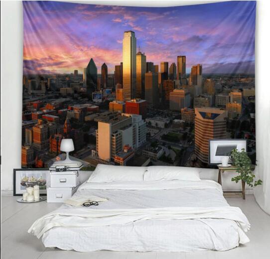 Large rectangular tapestry featuring a vibrant city landscape at sunset with tall buildings and a purple-orange sky.