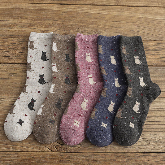 Calcetines Retro de Lana con Diseño de Gatitos Adorables