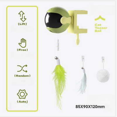Automatic lifting cat toy with a yellow ball and white clamp, featuring interchangeable feather and pom-pom attachments. - Image 7