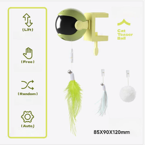 Automatic lifting cat toy with a yellow ball and white clamp, featuring interchangeable feather and pom-pom attachments. - Image 7