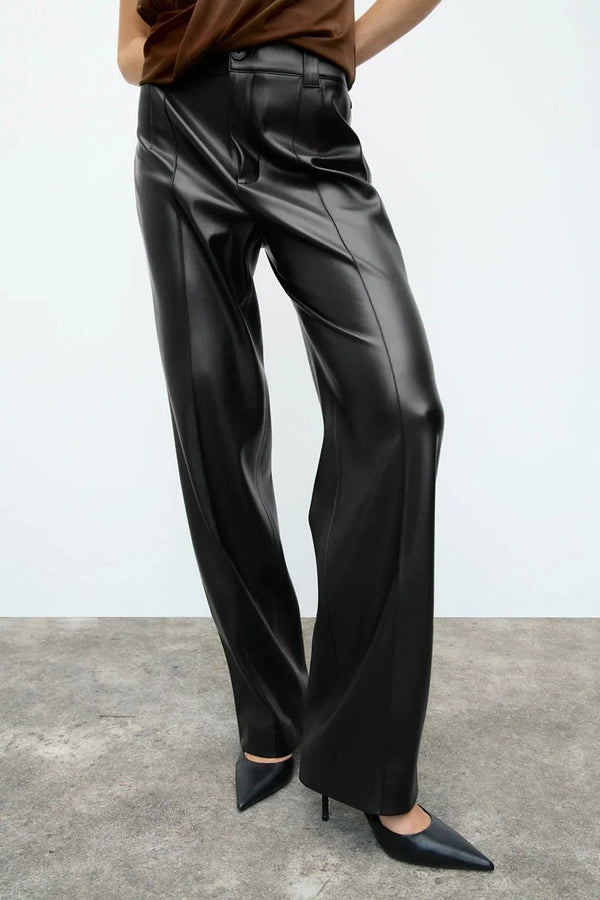 Pantalones Rectos de Cuero PU Slim Fit para Mujer