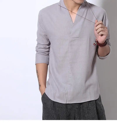 Camisa Lino Manga Larga Estilo Chino Retro para Hombre - Image 23