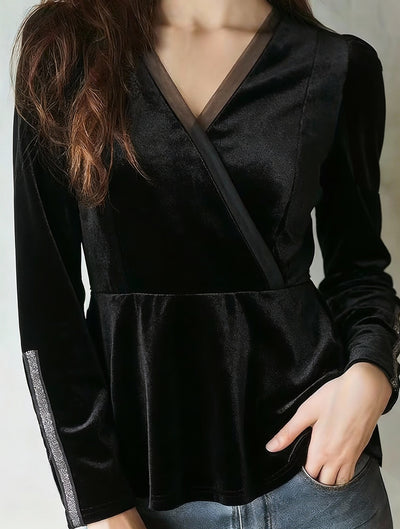Blusa de Terciopelo Negra Ajustada al Cuerpo con Cintura Fruncida y Mangas Largas - Image 6