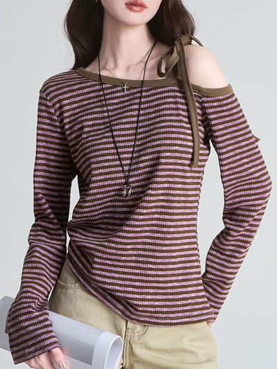 Blusa Slim Rayas Moradas con Hombros Descubiertos Manga Larga - Image 10