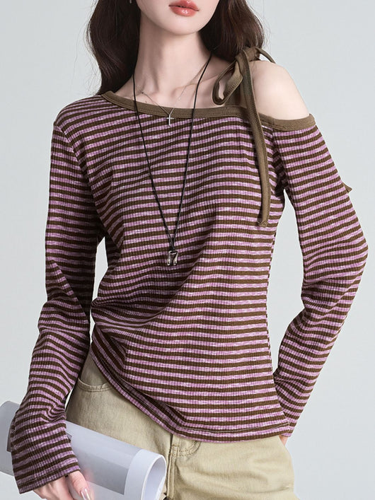 Blusa Slim Rayas Moradas con Hombros Descubiertos Manga Larga - Image 10