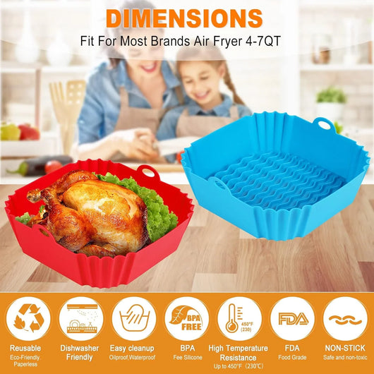 2 PCS Square Silicone Air Fryer Liners - 8 Inch Reusable Air Fryer Pot - Air Fryer Accessories - Air Fryer Inserts for 4 to 7 QT Oven Microwave Accessories (Red + Blue) - Tekeno