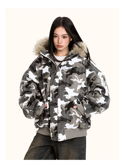 Chaqueta Acolchada de Algodón con Cuello de Pelaje y Diseño Camuflaje Retro - Image 13