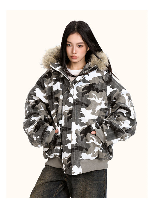 Chaqueta Acolchada de Algodón con Cuello de Pelaje y Diseño Camuflaje Retro - Image 13