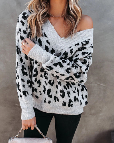 Suéter Suelto con Escote V y Estampado de Leopardo - Tejido Core-spun para Mujer - Image 5
