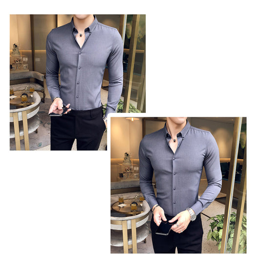 Camisa Manga Larga Estilo Gentleman Británico de Color Sólido - Image 31