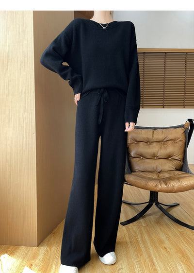 Conjunto de Abrigo Tejido Grueso Lana Australiana - Suéter Escote Redondo Estilo Occidental + Pantalón Recto - Image 19