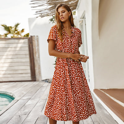 Blusa Vestido Corto con Cuello Camisero y Estampado de Lunares