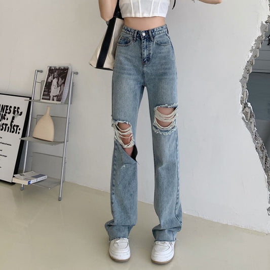 Jeans Retro Talle Alto Rectos con Roturas