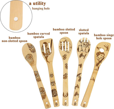 Set de 5 utensilios de cocina de madera Star Wars – Cucharas grabadas estilo quemado, ideal para regalos divertidos y decoración temática - Tekeno