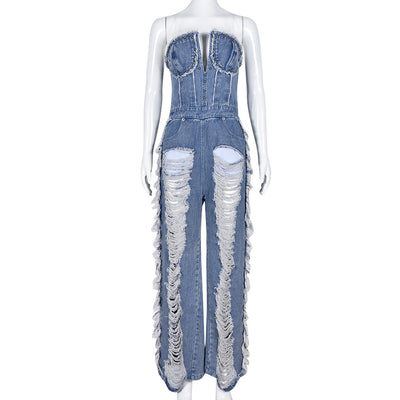 Mono Denim Ajustado con Detalles de Pedrería y Ojales Decorativos - Image 6