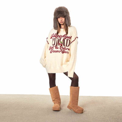 Suéter Navideño Retro Bordado Cuello Redondo