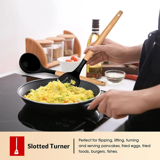 Cooking Utensils Set of 6, Silicone Kitchen Utensils with Wooden Handle, Non-Stick Cookware Friendly & Heat Resistant, Includes Spatula/Ladle/Slotted Turner/Serving Spoon/Spaghetti Server(Black) - Tekeno