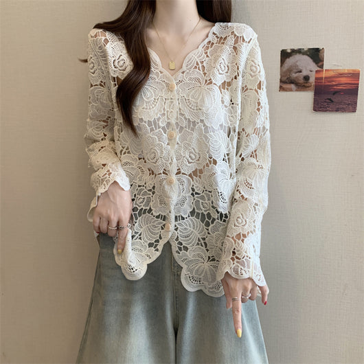 Blusa Larga de Encaje Calado con Mangas Largas para Mujer - Image 13