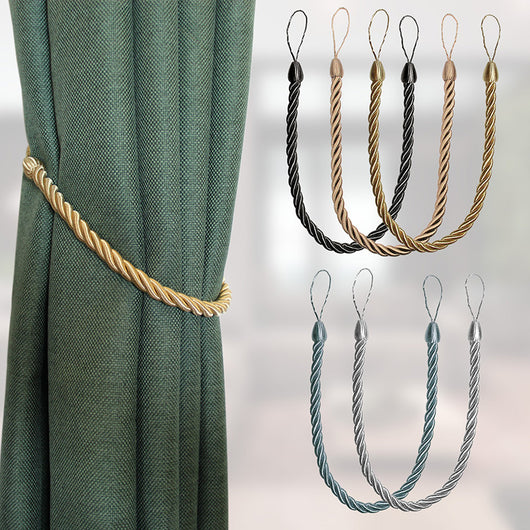 Four beige twisted rope curtain tie-backs with loops, shown with two silver screw-in hooks and on sheer white curtains.
