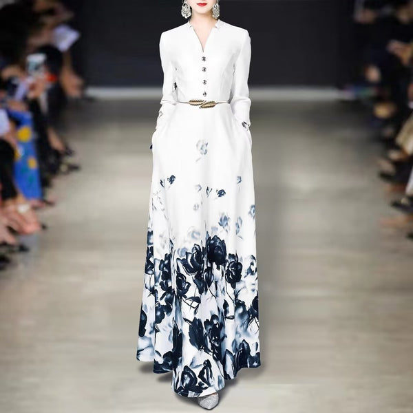 Vestido Largo V-Escote Manga Larga con Estampado Acuarela Blanco