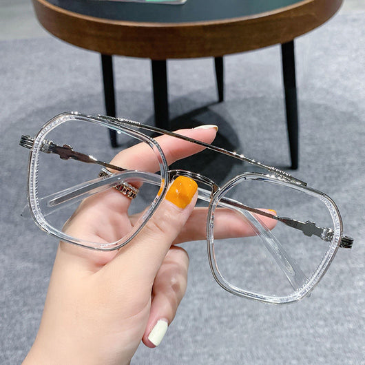 Black and gold double beam retro square frame anti-blue light glasses held by a hand. - Image 9