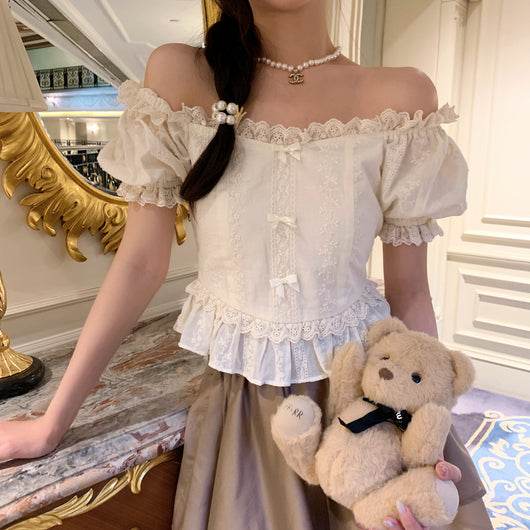 Blusa Elegante con Lazo Bordado y Encaje - Manga Corta Verano