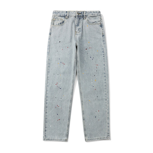 Jeans Holgados Rectos Hip-hop con Efecto Tinta Salpicada Estilo Japonés
