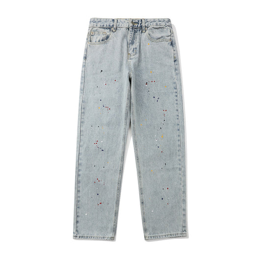 Jeans Holgados Rectos Hip-hop con Efecto Tinta Salpicada Estilo Japonés