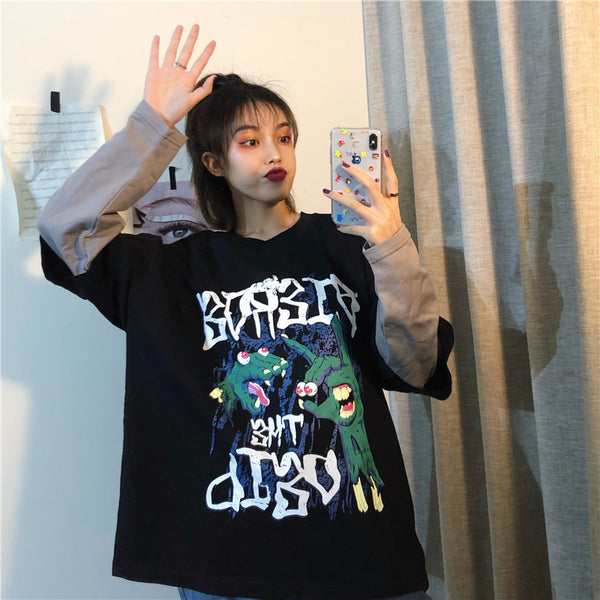 Camiseta Deportiva Suelta Estilo Capas Cartoon para Mujer