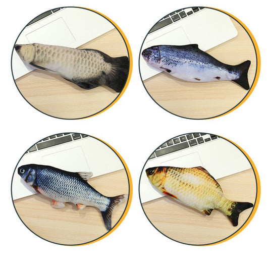 Three plush simulation fish cat toys with realistic blue and black scale patterns and black fins.