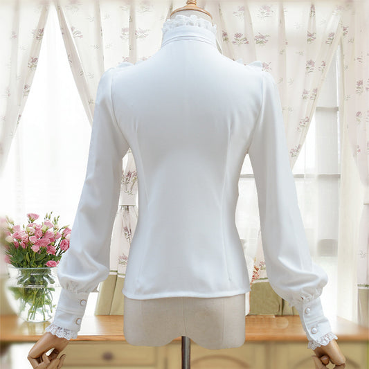 Blusa Retro Ajustada de Cuello Alto y Manga Larga - Image 2