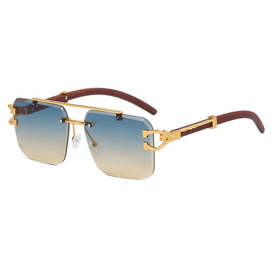 Pink gradient frameless square sunglasses with a double beam, gold-tone hardware, and dark wood-look temples. - Image 19