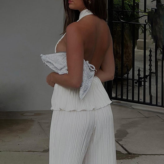 Conjunto de Pantalón Ancho Cintura Alta y Chaleco Plisado sin Mangas - Blanco - Image 2