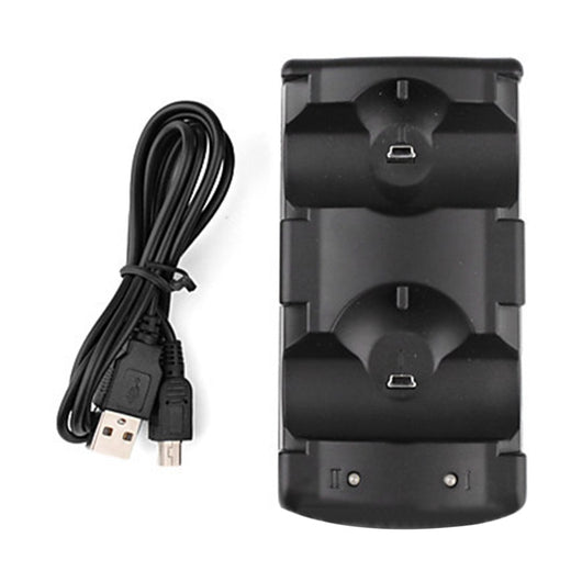 Black dual charging dock for PlayStation 3 controllers and Move navigation controllers, shown with a coiled USB cable. - Image 3