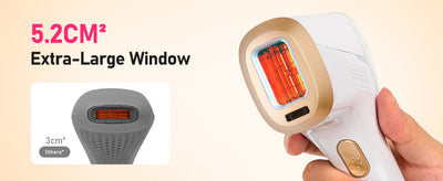 White and gold IPL hair removal device with safety glasses and razor, shown with its "Hair Removal" packaging. - Image 22