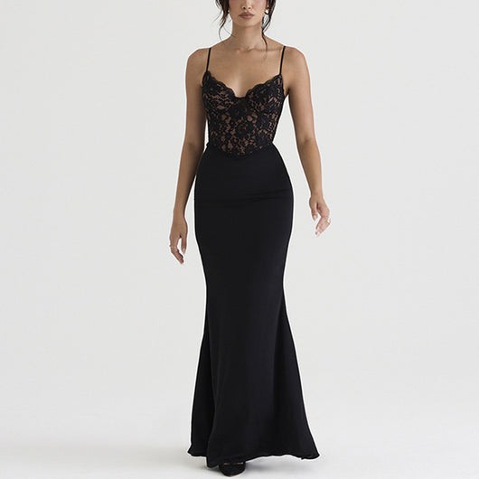 Vestido Largo de Encaje Cintura Alta Escote Profundo con Falda Sirena - Image 2