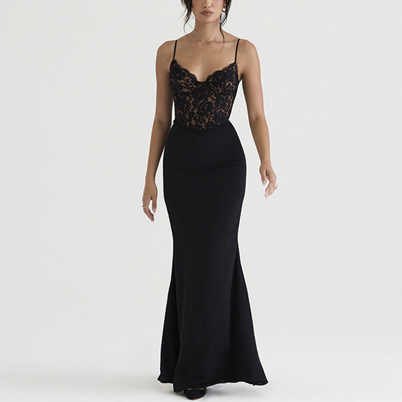 Vestido Largo de Encaje Cintura Alta Escote Profundo con Falda Sirena