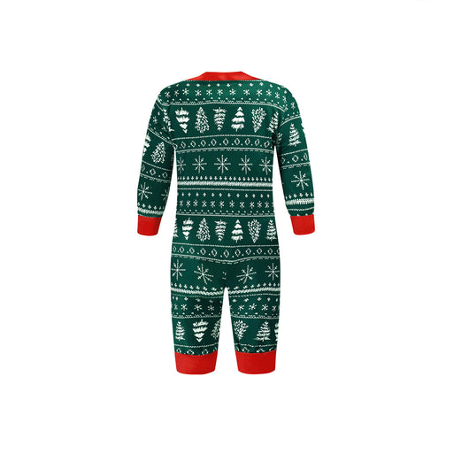 Red and white Christmas print one-piece pajama suit with moose, snowflake, and Christmas tree patterns. - Image 26