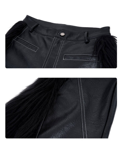 Pantalones de Cuero Flare con Patchwork de Pelaje Sintético para Hombre - Image 8