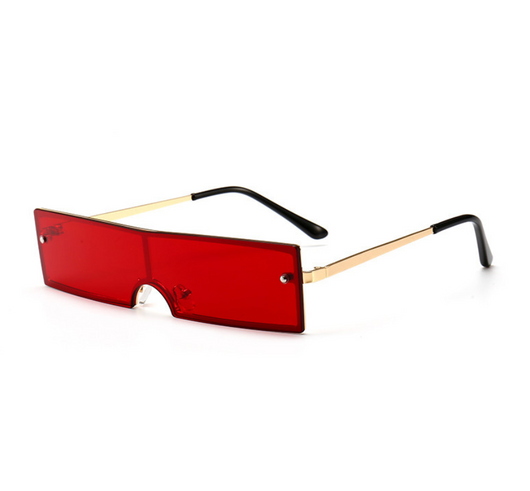 Red rectangular rimless sunglasses with gold-colored metal temples and black ear tips on a white background. - Image 4