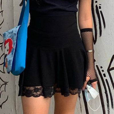 Falda Plisada de Cintura Alta con Detalles de Encaje