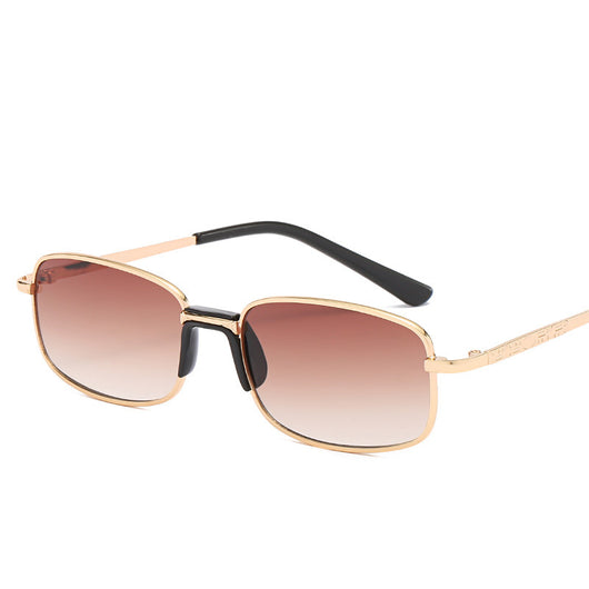 Vintage gold-colored metal frame sunglasses with light blue rectangular lenses and black temple tips. - Image 4