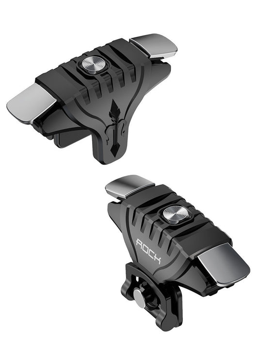 Two black and silver mobile gaming triggers with mechanical buttons, designed to clip onto a smartphone.