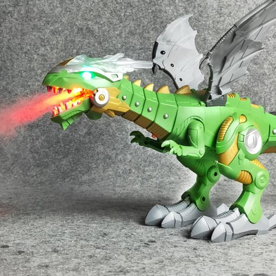 Green and grey intelligent robot dinosaur toy with wings, sharp teeth, and a long tail, packaged in a box. - Image 3