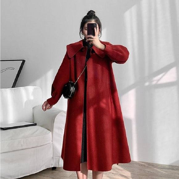 Abrigo feminino reversível de caxemira de lã vermelho retrô com lapela